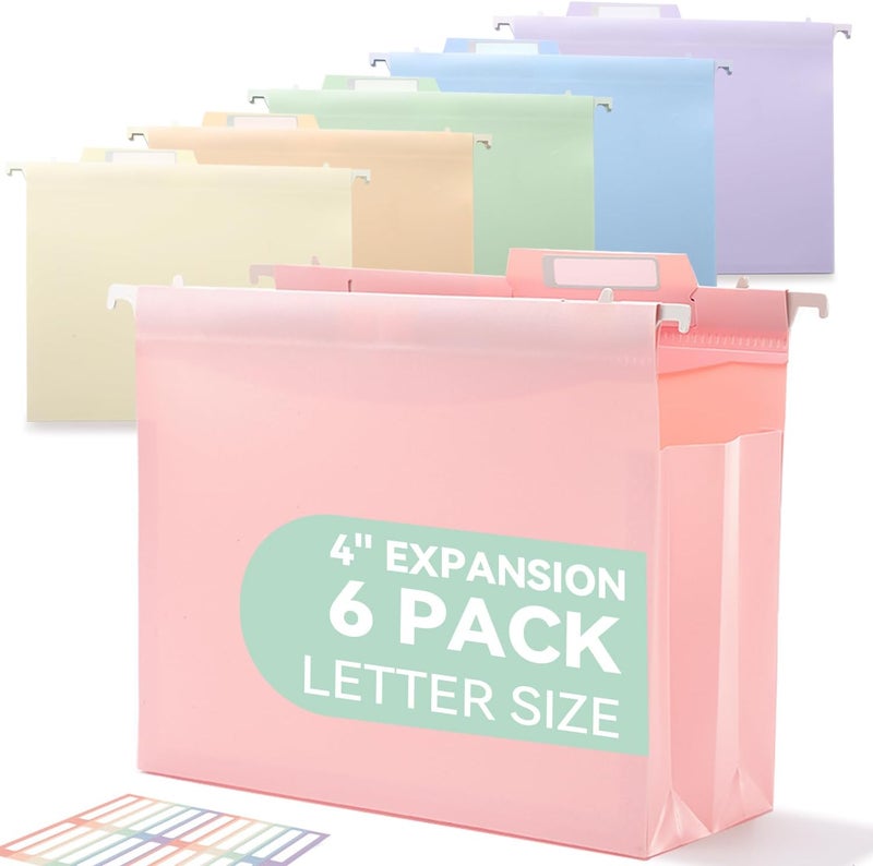 SortRax Plastic High Capacity Hanging File Folders, Pastel Colors, 4" Expanding Pocket with Movable Dividers, Heavy Duty for Filing Cabinet, Insertable Tabs, Letter Size - 6 Pack - Image 1